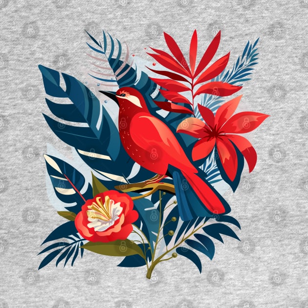 Red bird and exotic flowers Christmas decoration floral Boho chic design by sofiartmedia